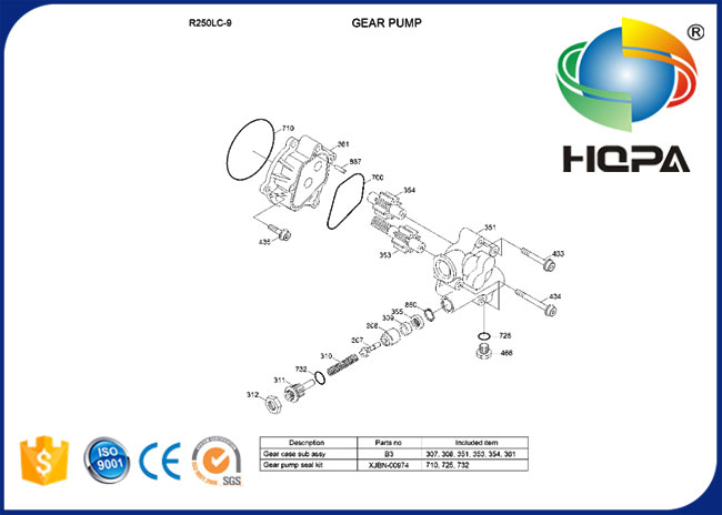 Kit hydraulique de joint de pompe à engrenages de XJBN-00974 XJBN00974 pour Hyundai R210LC-7 R250LC-9